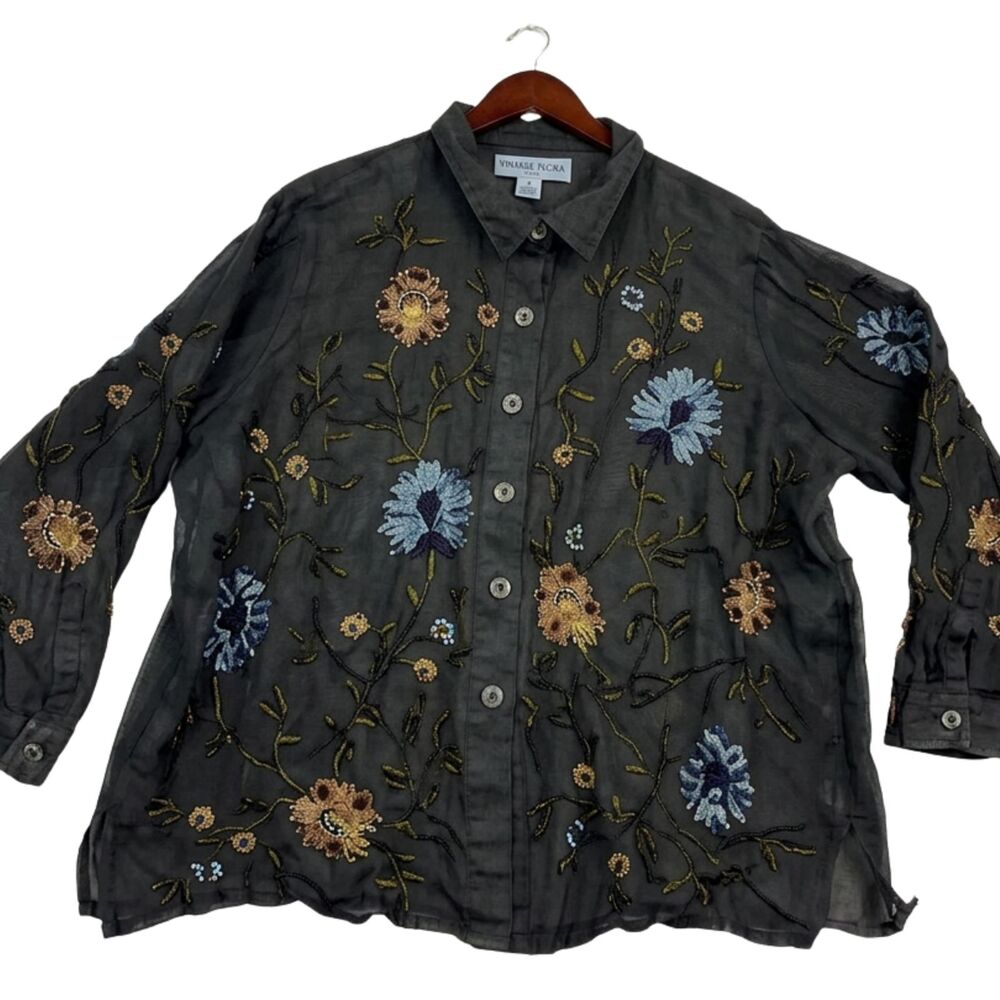 Liz & Me Womens 2X Black Denim Floral Embroidered Button Front Jacket Plus Size